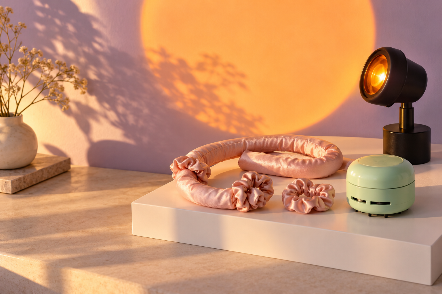Sunset lamp casting a warm orange glow beside a mint desk vacuum and blush satin curlers